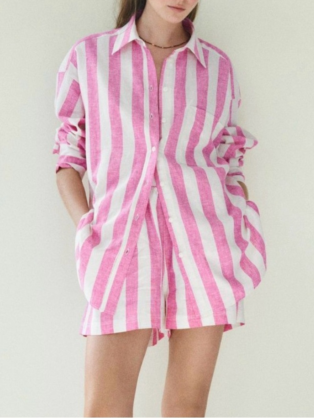 New - Set- H&M Oversized Pink Striped Linen-Blend Button-Down Shirt and shorts